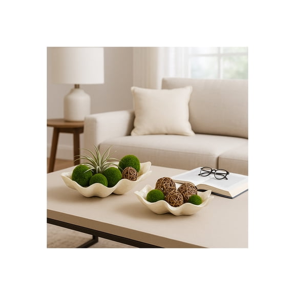 Chic Shell Bowl for Table and Kitchen Counter Decor - Decorative Bowl for Coffee Table or Centerpiece Table Decorations - Elegant Candy or Key Bowl for Home Decor Accents - Set of 2, 6", Ivory & Tan