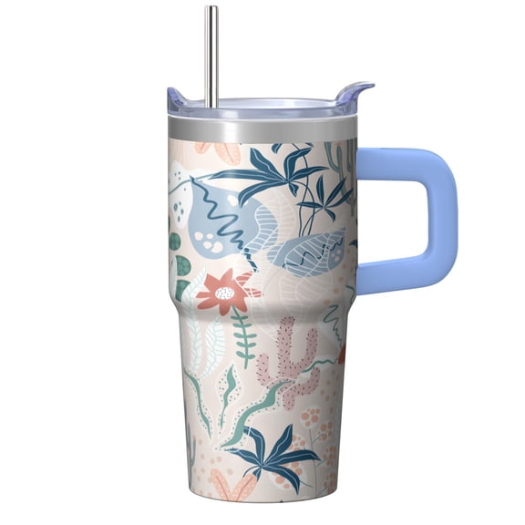 Chinoiserie Inspired 20oz Floral Tumbler with Handle and Straw Lid, Double Wall Insulated Travel Coffee Cup for Women
