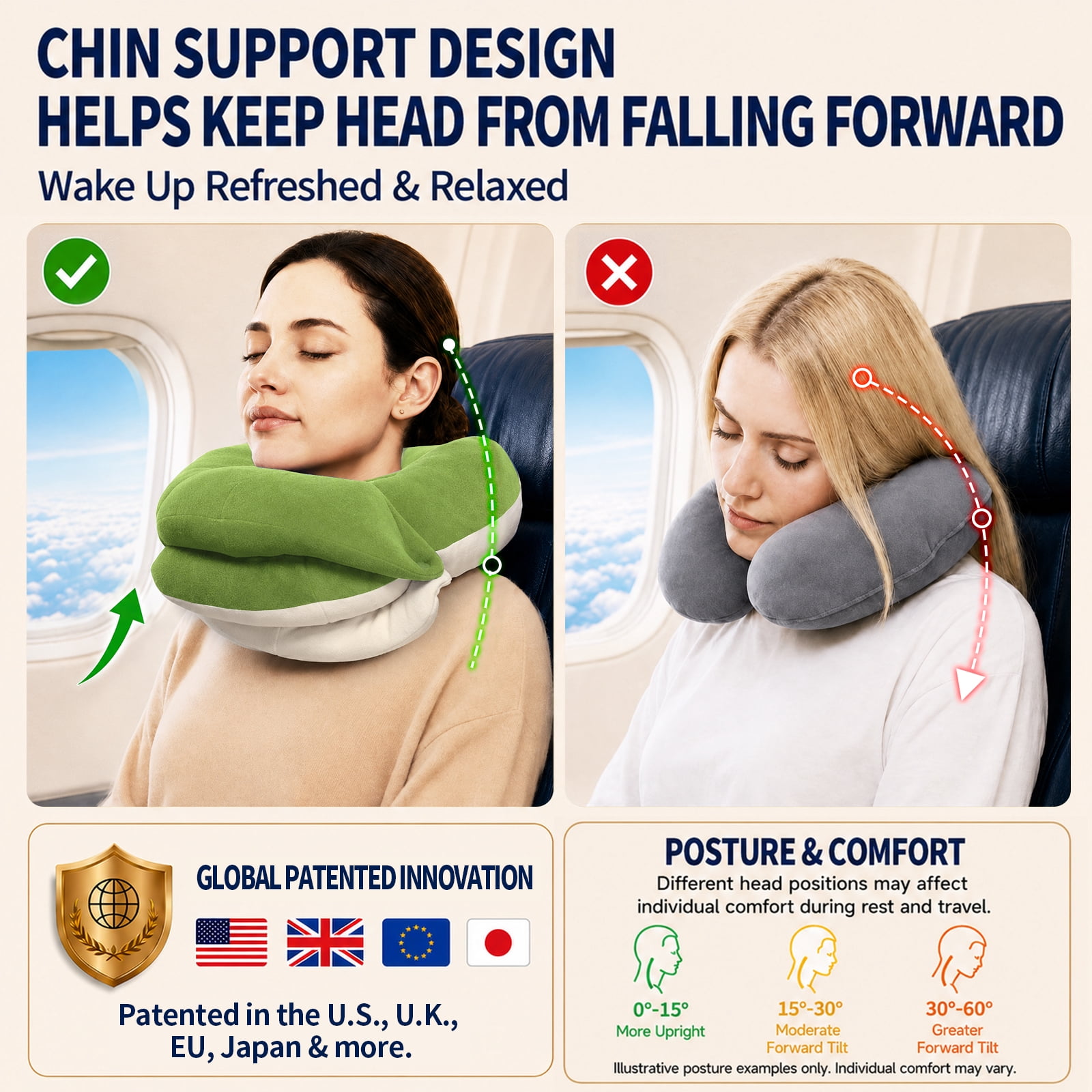 BUYUE Travel Neck Pillows for Airplanes, 360° Head Support Sleep for Long Flight, Skin-Friendly & Breathable, Kit with 3D Contoured Eye Mask, Earplugs and Storage Bag (Adult, Green, 90+ lbs)