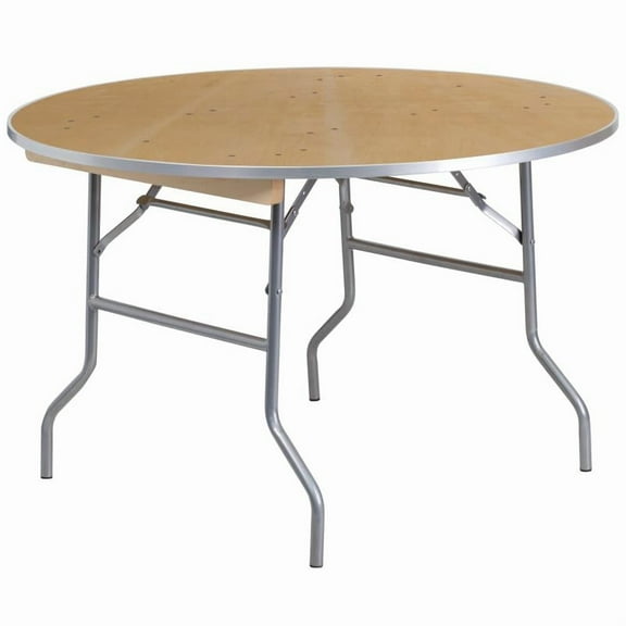 48" Round Birchwood Folding Banquet Table with Aluminum Edge Band - Commercial Quality Banquet Table / 4-Foot Round Birchwood Folding Banquet Table