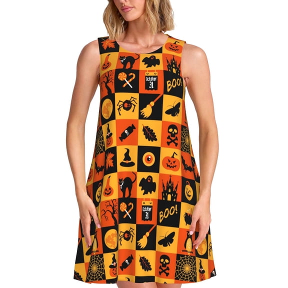 Logiee Halloween Print Summer Dresses for Women,Beach Sleeveless Flowy Pocket Tshirt Tank Sundresses,Women's Sleeveless Dress