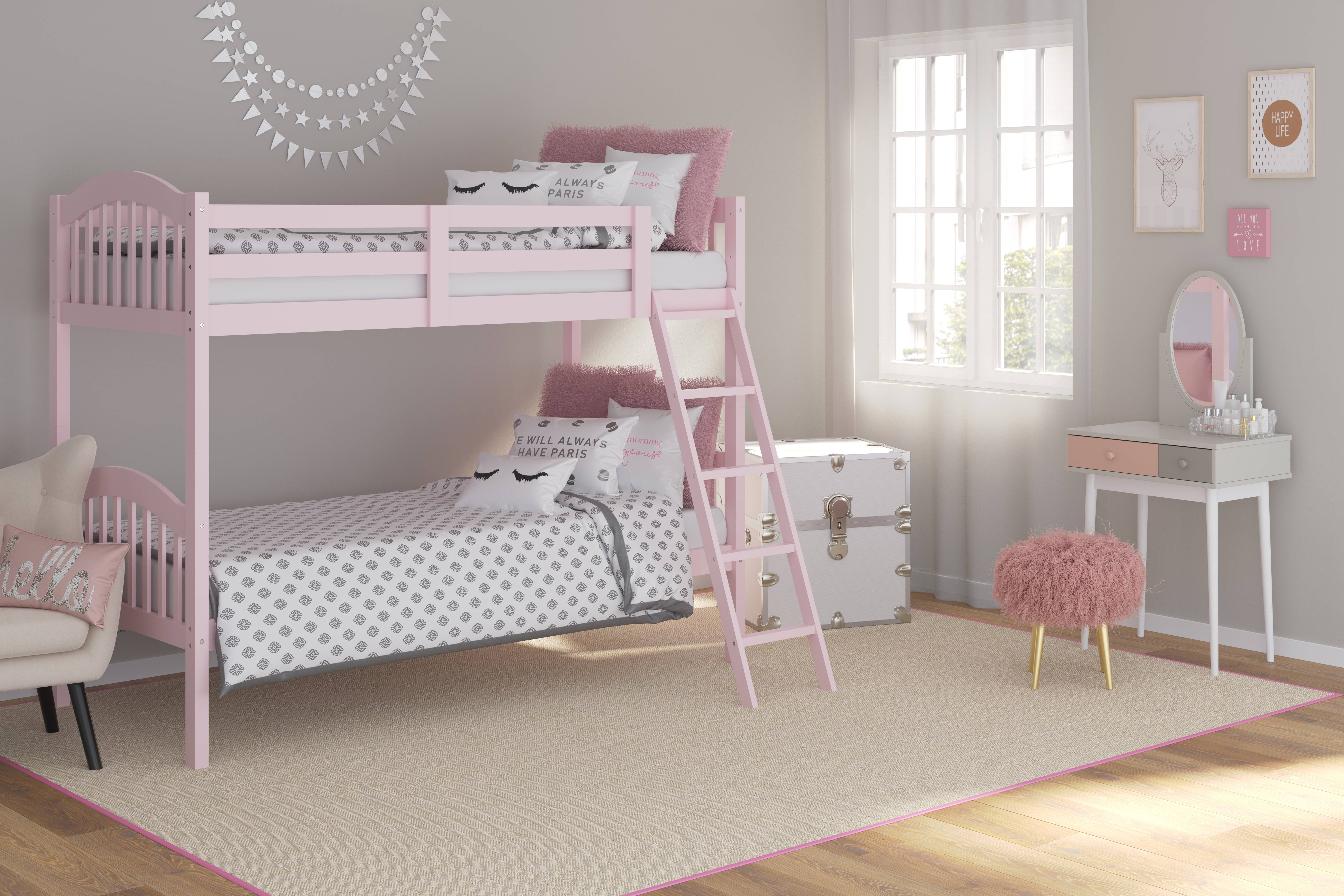 pink bunk beds with stairs
