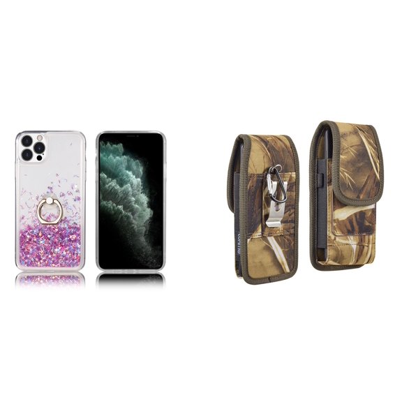 Waterfall Liquid Glitter Stand Case and Belt Holster Pouch for iPhone 14 Pro (Pink Purple/Camo)