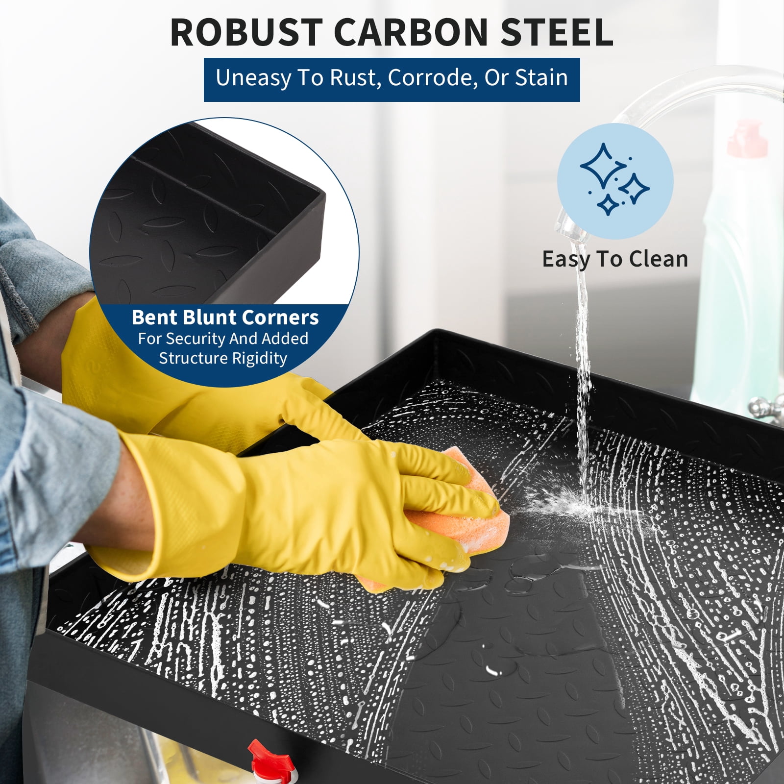 Kojooin Heavy-Duty Carbon Steel Washing Machine Drain Tray, with Waterproof Tape, Water Outlet Switch, Drain Hole, Hose Connector, and Rust and Leak Protection