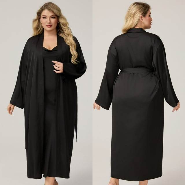 HongQid Women's Plus Sized Nightgown and Robe Set Long Sleeves Robes 2 Piece Bathrobe Set V-neck Cami Sleepwear