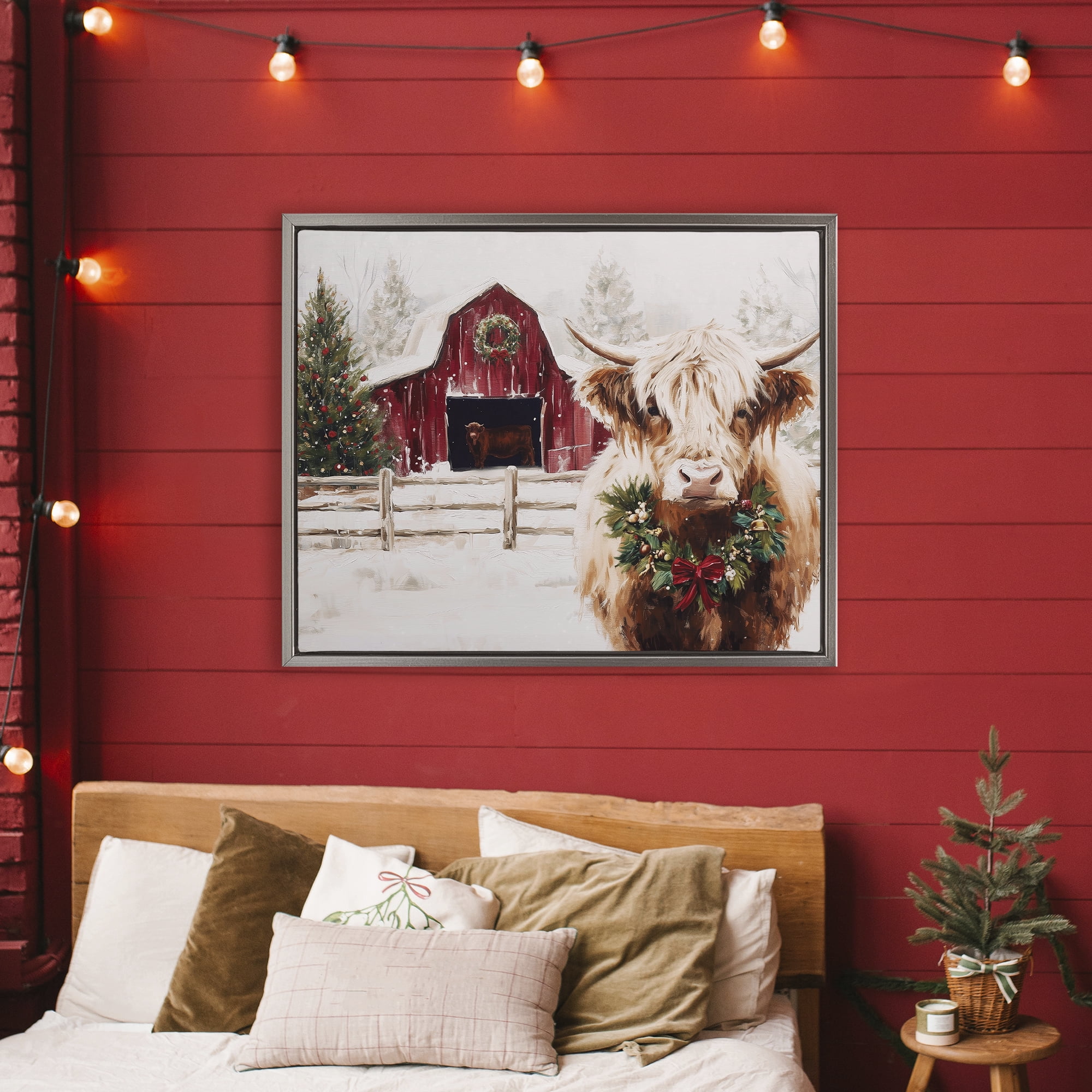 Stupell Industries Snowy Farm Scene Cattle Gray Framed Floater Canvas Wall Art, design by Acorn & Ivory Designs