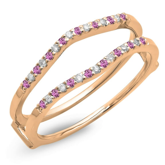 0.18 Carat (ctw) 14K Rose Gold Round Pink Sapphire & White Diamond Ladies Anniversary Wedding Band Enhancer Guard Double
