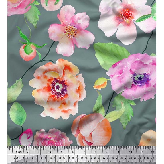 Soimoi Cotton Voile Fabric Leaves,Rose & Anemone Flower Fabric Prints By Yard 42 Inch Wide