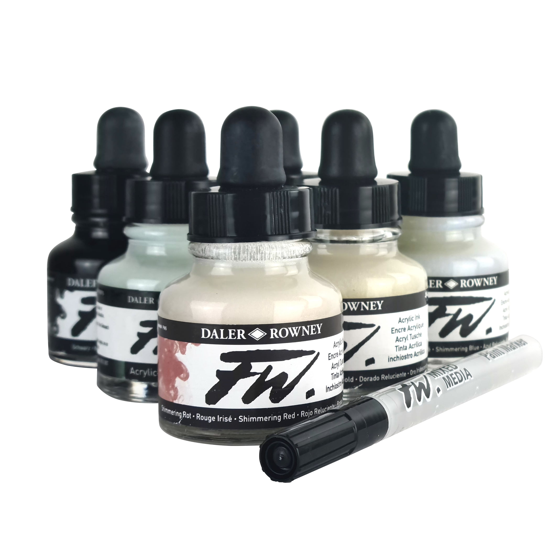 Daler-Rowney FW Acrylic Ink Shimmering Set with Empty Marker, Assorted Colors, 29.5ml, 6 Pieces
