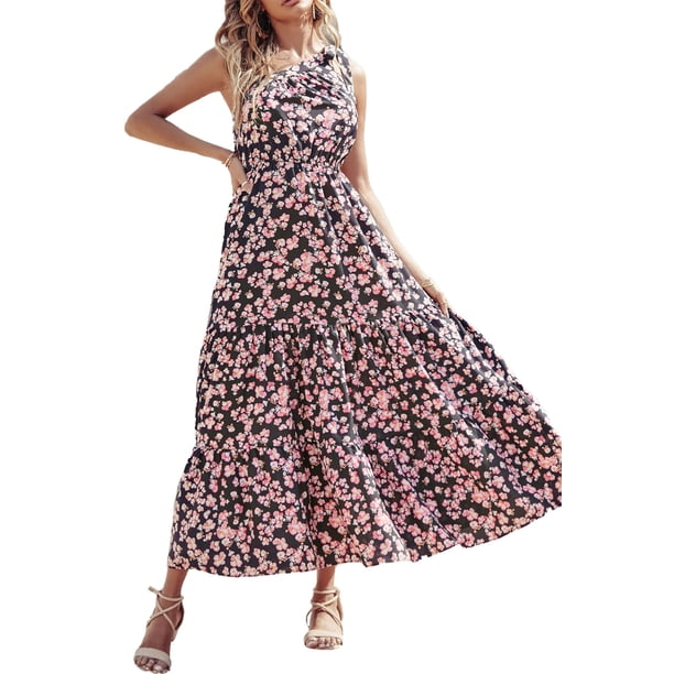 Vestido Maxi Floral de Un Hombro para Mujer PRETTYGARDEN Talla M