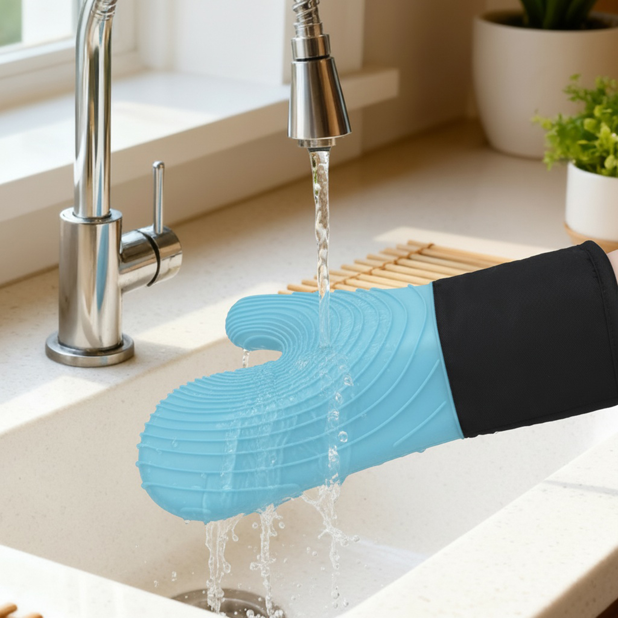 Unique Bargains Cotton Oven Mitts Heat-Resistant Cooking Gloves Sky Blue 13.4x7.1inch