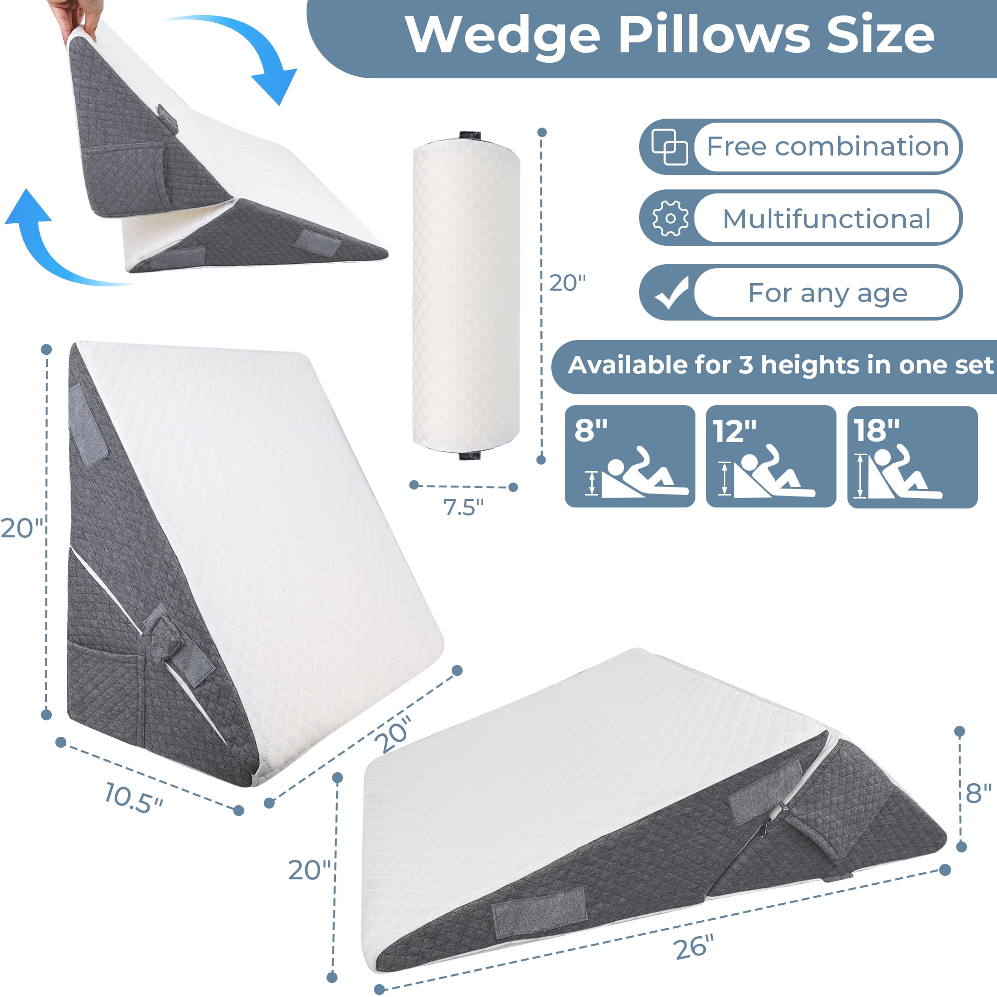 Riousery Wedge Pillow Set for Sleeping, 3-Piece Adjustable Memory Foam Support for Back, Legs and Knees, Removable Washable Covers