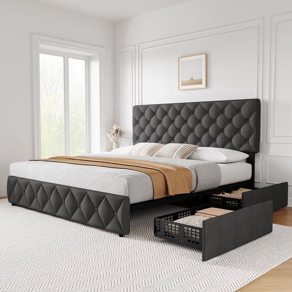 Kicctian King Upholstered Platform Bed Frame with Adjustable Headboard & 4 Storage Drawers Bedroom Furniture,Gray