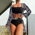 thumbnail image 3 of Jacenvly 2024 Womens Hawaiian 3 Piece Set Fashion Long Sleeve Swimsuit Color Block with Cover up Surfing Swimwear Satiny Casual Women'S Split Tie High Waist Three Piece Beach Bikini Brown, 3 of 7