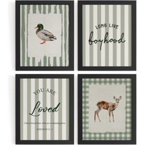 Aingg 4Pcs Vintage Nursery Boys Kid Play Room Brown Wall Art Decor, Long Live Boyhood Retro Woodland Animals Posters for Kids Nursery Toddler Room Playroom, Unframed