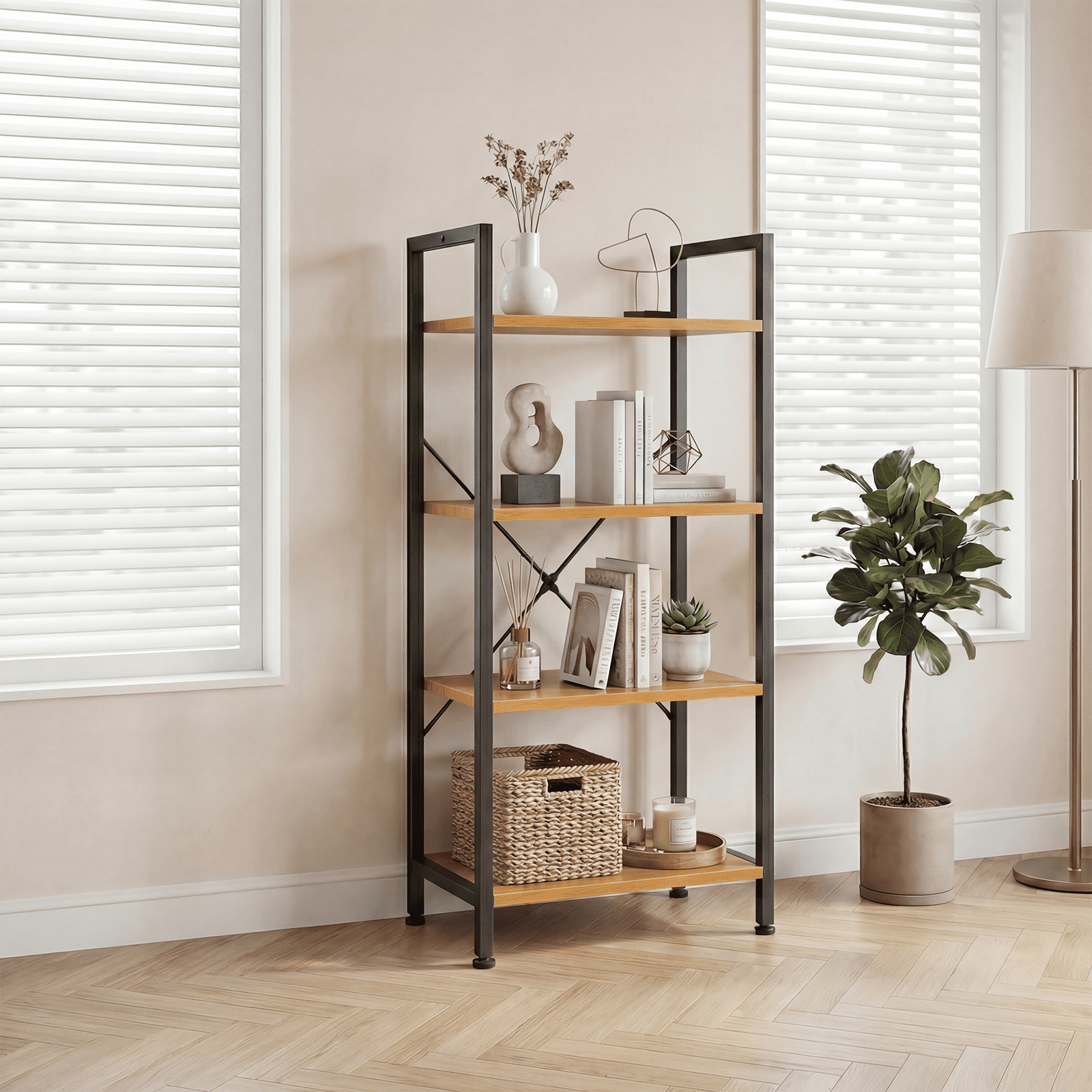 EDX Bookcase, 4 Tier Book Shelf, Storage Shelf, Classic Modern Bookcase for CDs, Movies, Books, Industrial Bookcase for Home Office, Living Room, Kitchen, Bedroom, Wood