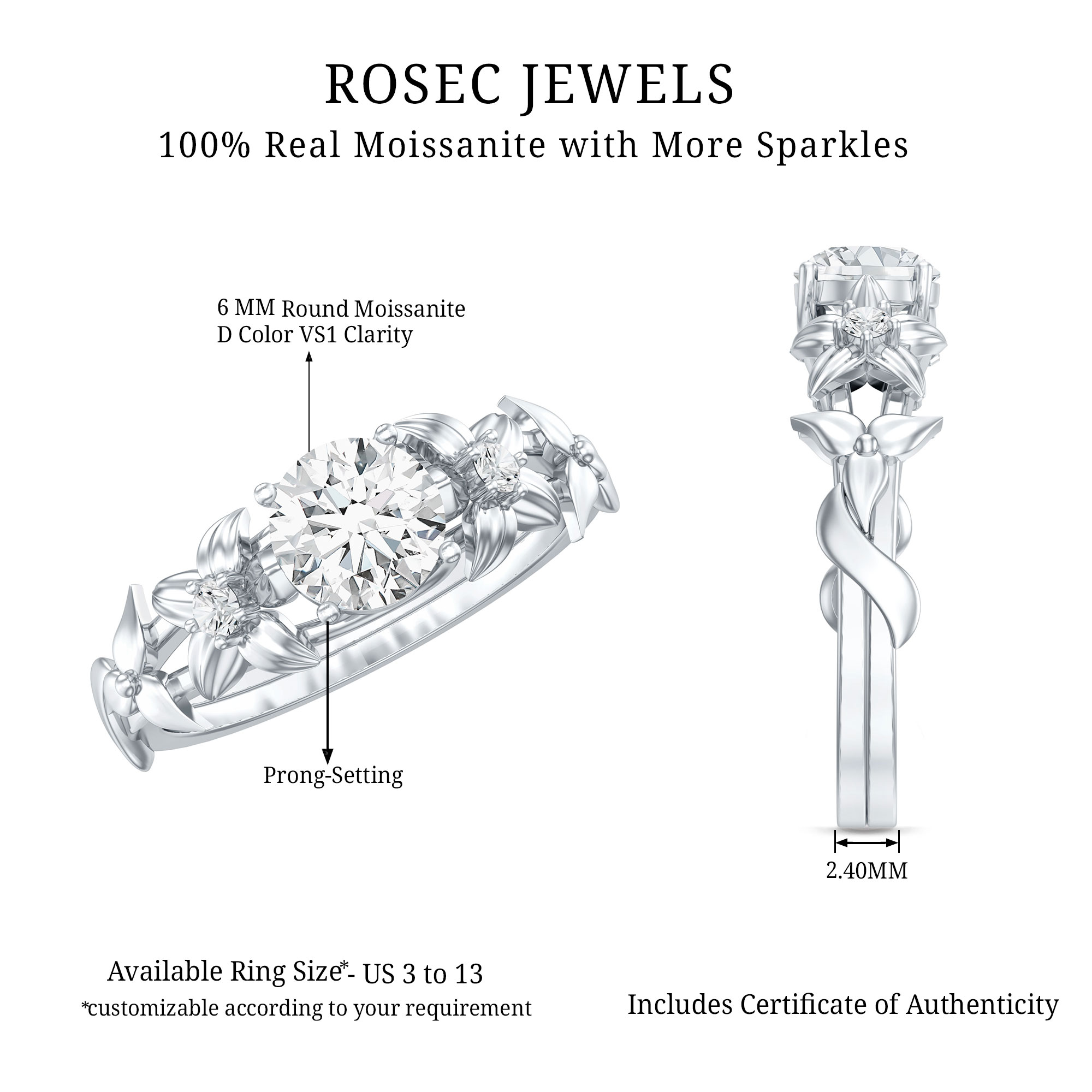 Rosec Jewels Nature Inspired Flower Ring for Women, Moissanite Solitaire Engagement Ring, 14K White Gold, US 10.00