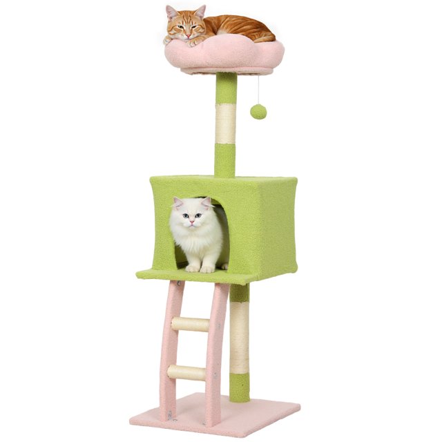 PawHut 48" Flower Cat Tree, a multi-level indoor cat tower with pastel floral design in green and pink. Features a cozy condo, flower-shaped perch, ladder, and sisal-wrapped posts for scratching. Two cats are shown using the tower, one resting on the perch and another inside the condo.