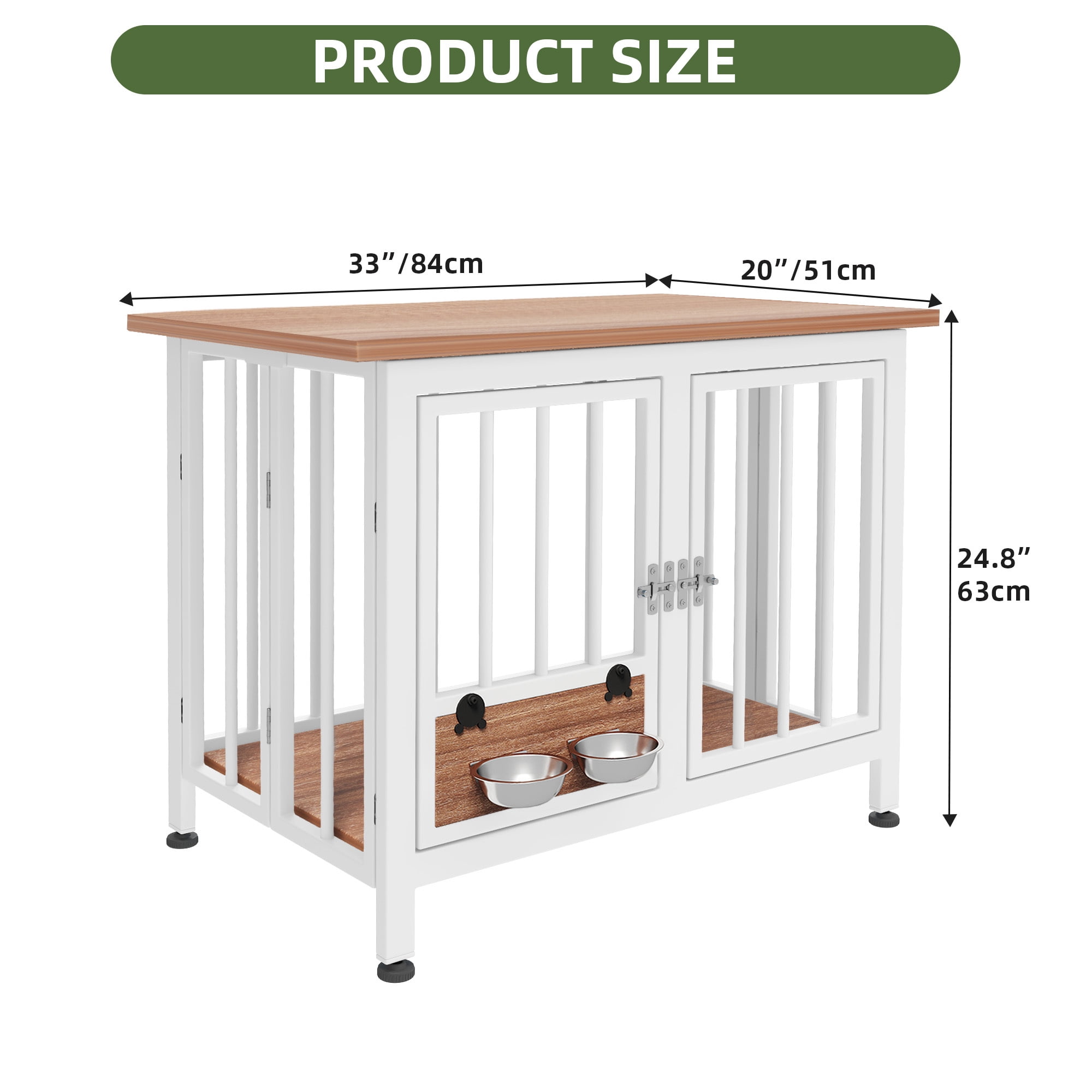Uforic 33" Foldable Wooden Indoor Dog Cage Table with 360° Rotatable Bowls& Adjustable Feet, White&Brown