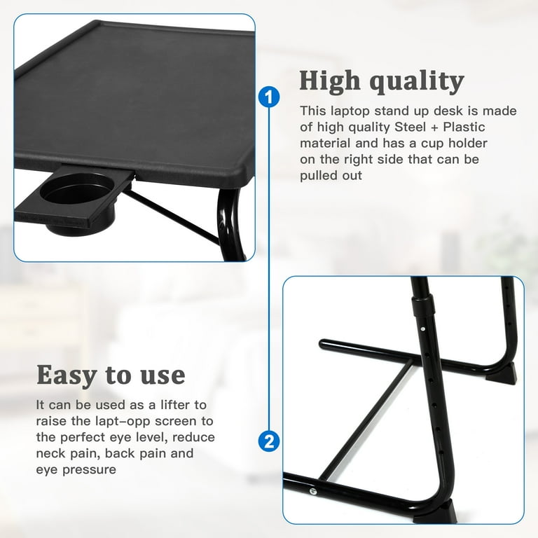 Veryke 2pcs TV Tray Table with Cup Holder and Custom Height 3 Angle Adjustments Black