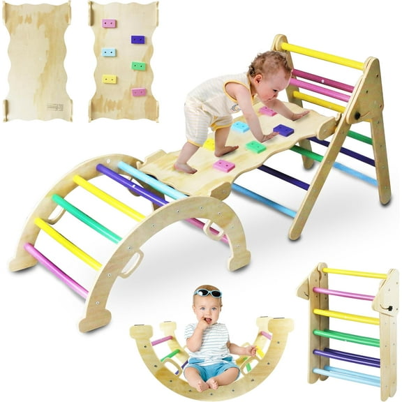 5in1 Wooden Climbing Toys, Triangle Climbing Set for Toddler, Kids Playground with Arch & Ramp & Ladder, Foldable Baby Jungle Climbing Gym, Outdoor & Indoor Kids Climbing Toys