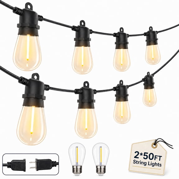 DAYBETTER S14 Outdoor String Lights, 100ft(2*50ft) Waterproof Hanging Lights, with 30 Shatterproof EdisonBulbs, for Garden Patio