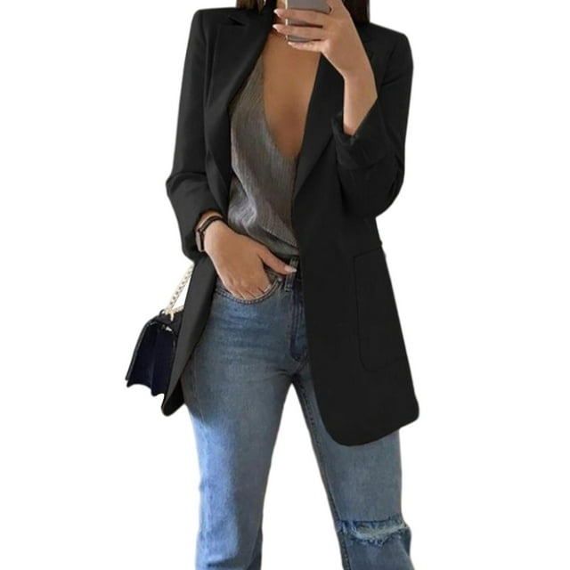 Traje de chaqueta para mujer, traje informal, conjunto ajustado, cárdigan frontal, manga larga, solapa Negro L