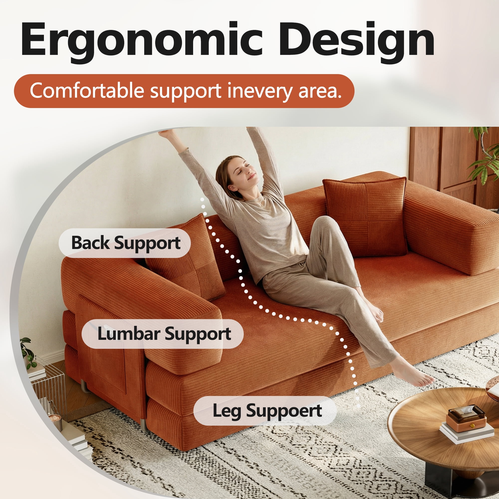 GARITIN Convertible Sleeper Sofa Bed 79 Inch, 5 in 1 Chenille Floor Sofa with High Density Foam and Side Pockets for Living Room, Orange