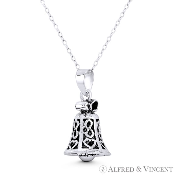 Bell, Ribbon, Infinity Symbol, & Heart Forever Love Charm 24x13mm (0.9x0.5in) Pendant & Chain Necklace in Oxidized .925 Sterling Silver