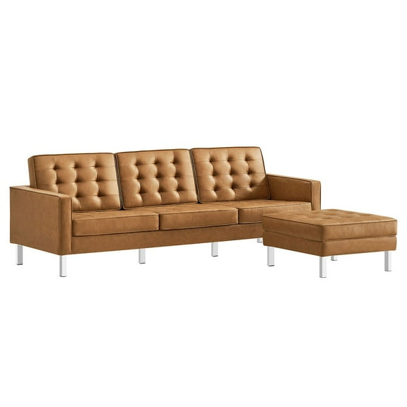 Modway Loft Tufted Vegan Leather Vinyl Sofa and Ottoman Set in Silver/Tan