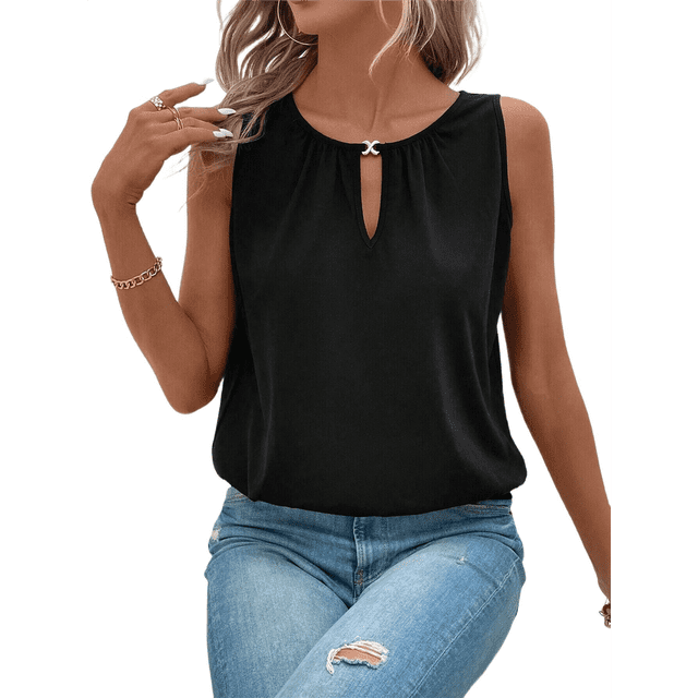 Chaleco de Moda con Cuello Redondo y Botones, Color Liso, Negro Talla S