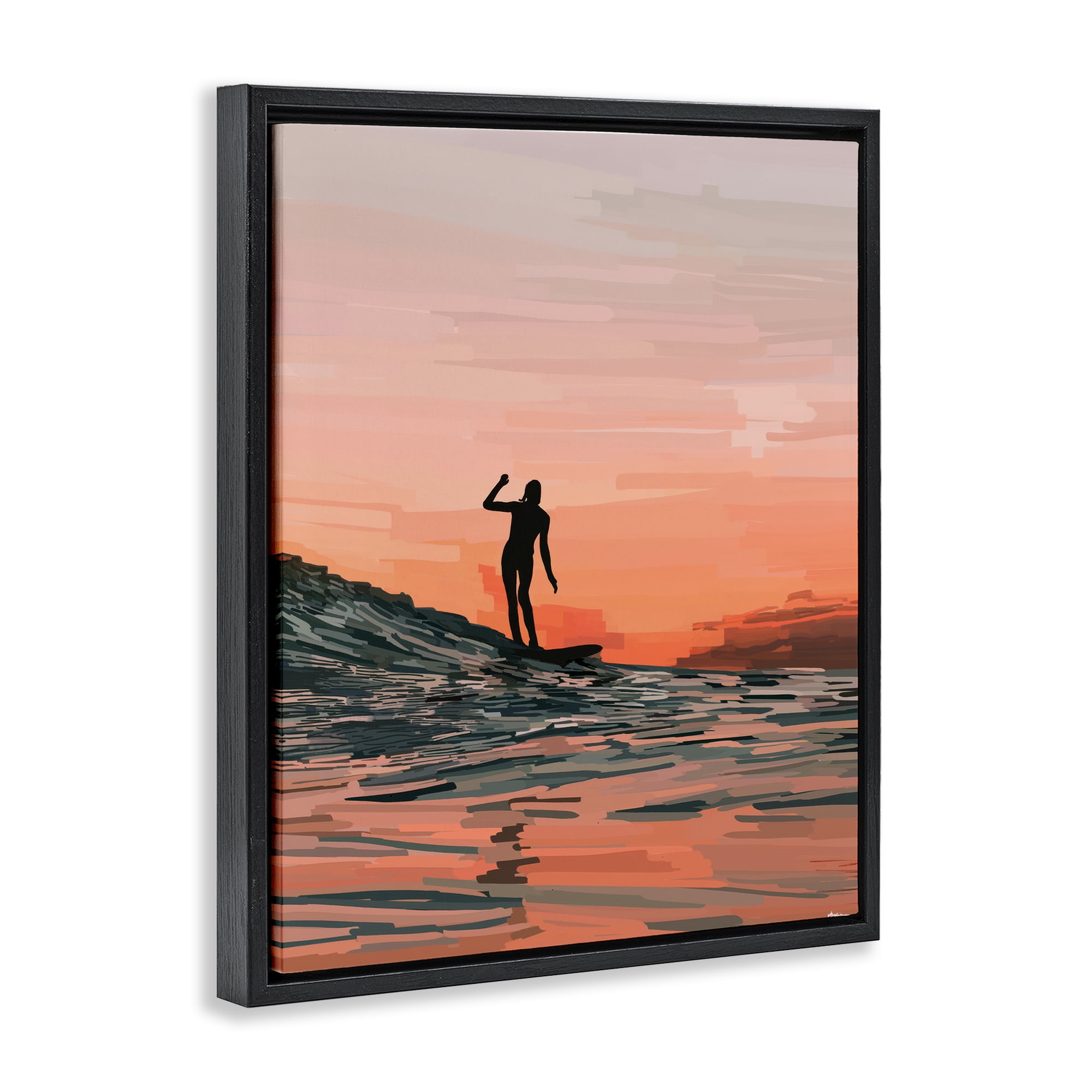 Stupell Industries Woman Surfing at Sunset Nautical & Beach Painting Black Floater Framed Canvas Art Print Wall Art, 25 x 31