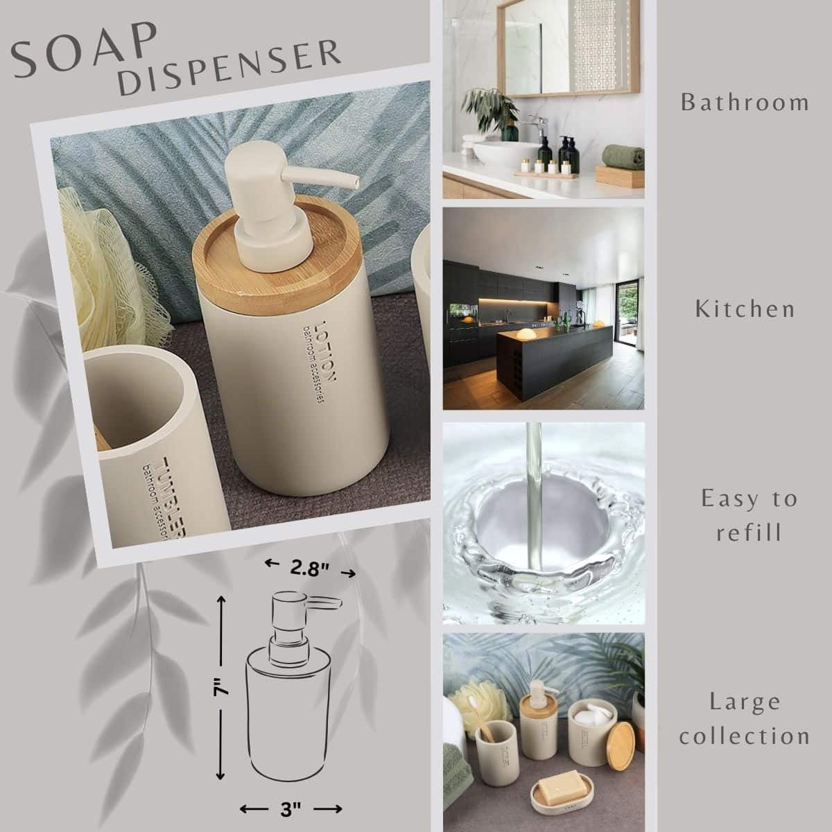 Stylish Matte Beige Soap Dispenser with Natural Bamboo Top - Polyresin Hand Lotion Pump, Modern Bath Accessory