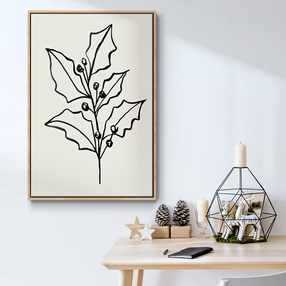 Evergreen Ink I - Framed Gallery Wrapped Holiday Canvas - 27 x 41 - Natural Wood Frame