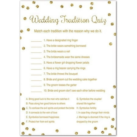 Wedding Tradition Quiz Bridal Shower Game - Faux Gold Glitter on White - 24 Cards