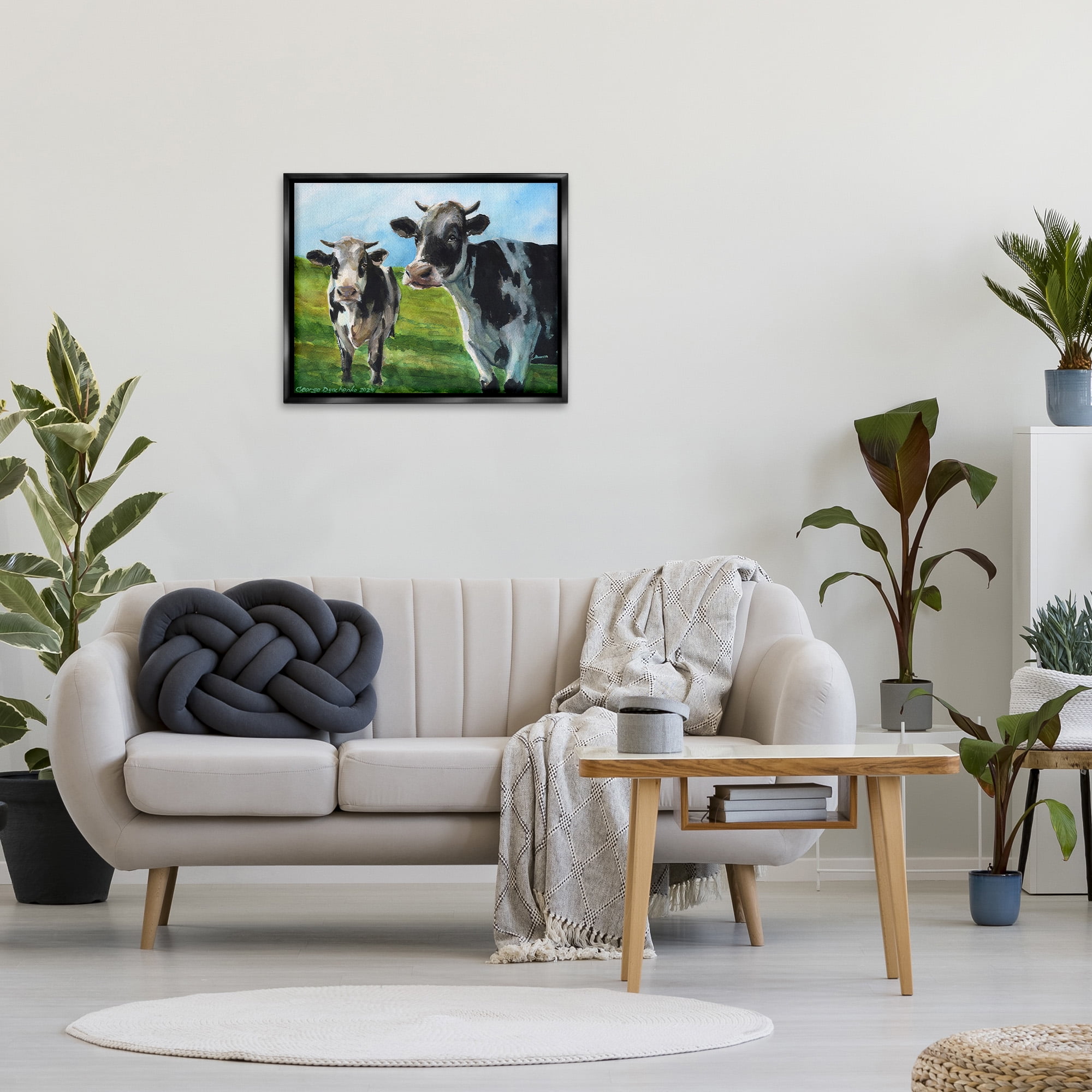 Stupell Industries Cows in Pasture Landscape Animals & Insects Painting Black Floater Framed Canvas Art Print Wall Art, 31 x 25