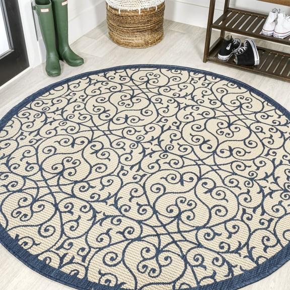 JONATHAN Y SANTA MONICA 5' Round Area Rug, Madrid Vintage Filigree Textured Weave - Navy/Beige, SMB107G-5R