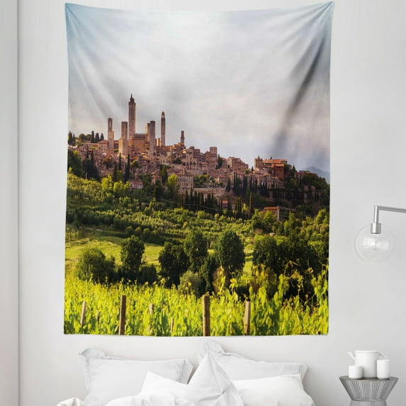 Antique Tapestry, Medieval City of San Gimignano Tuscany Italy Historical Architecture, Fabric Wall Hanging Decor for Bedroom Living Room Dorm, 5 Sizes, Green Coral Dust, by Ambesonne