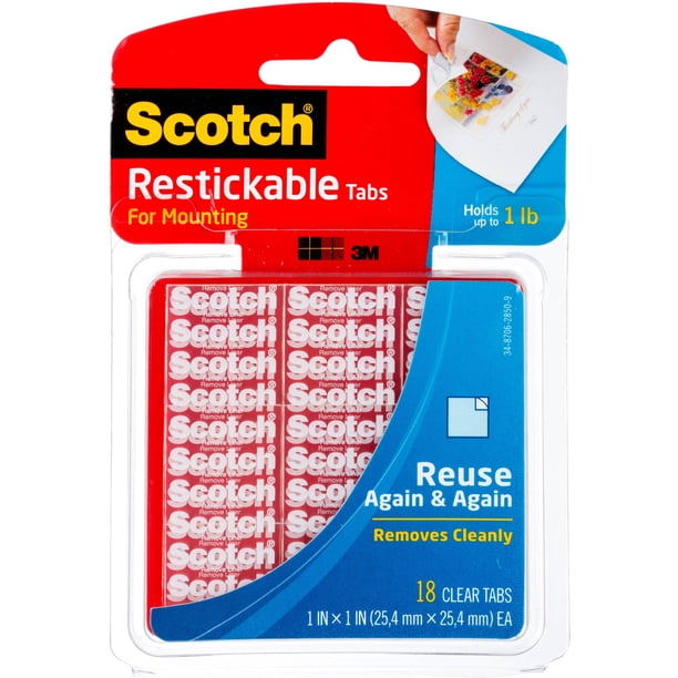 3M Scotch Reusable Mounting Tabs, 1" x 1", 18/Pkg.
