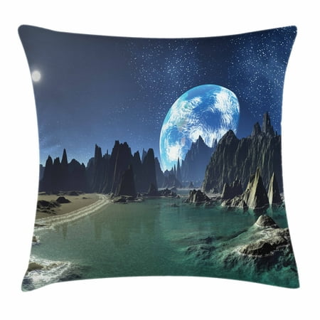 Fantasy Throw Pillow Cushion Cover, Tranquil Futuristic View of Earth Rising From Alien Shores Sci Fi Theme, Decorative Square Accent Pillow Case, 18 X 18 Inches, Dark Blue Jade Green, by