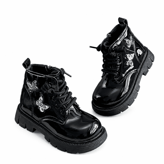 Girls Combat Boots, Patent Leather Butterfly Lace-Up Boots with Side Zipper for Toddler Little Kids