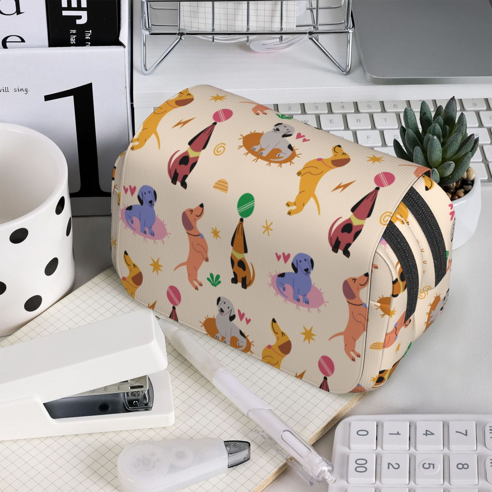 Rateoe Dogs In Different Poses Pattern Double Clamshell Pen Case, Storage Organizer with Two Zipper Compartments– Holds Up to 50 Pencils & Pens