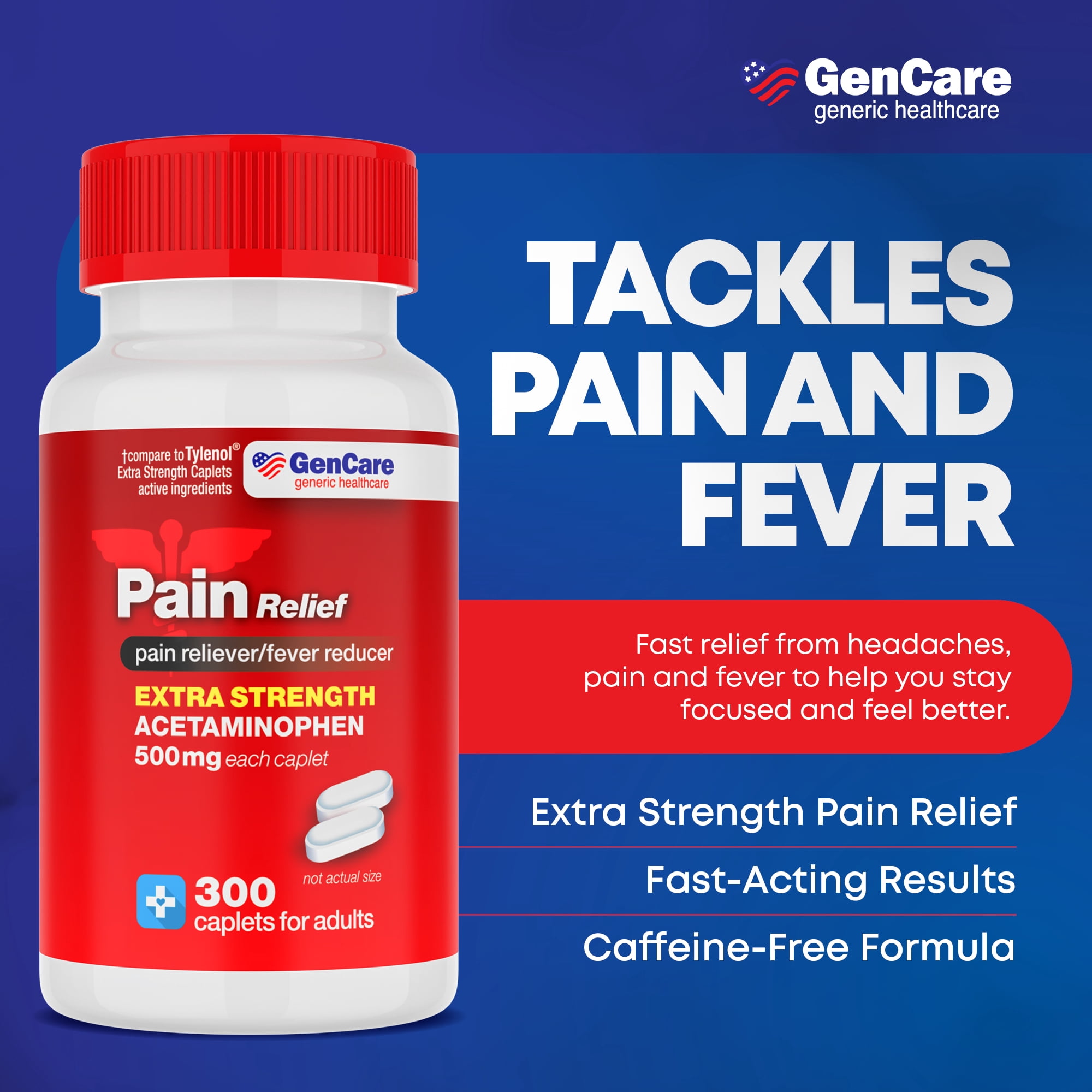 GenCare Extra Strength Acetaminophen 500mg Pain Relief Fever Reducer, 300 Caplets