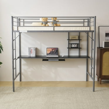 SamyoHome Twin Metal Loft Bed with Integrated Desk and Shelves, Metal Bunk Bed, Gray