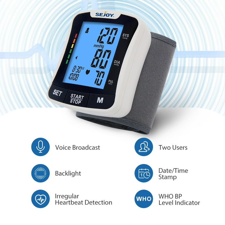 Sejoy Upper Arm Blood Pressure Monitor,BP Machine with Extra Large Cuff  Backlit Screen Display for Home Use, Accurate Automatic Digital Irregular  Heartbeat Detector,2x60 Memories, Gift,Voice 