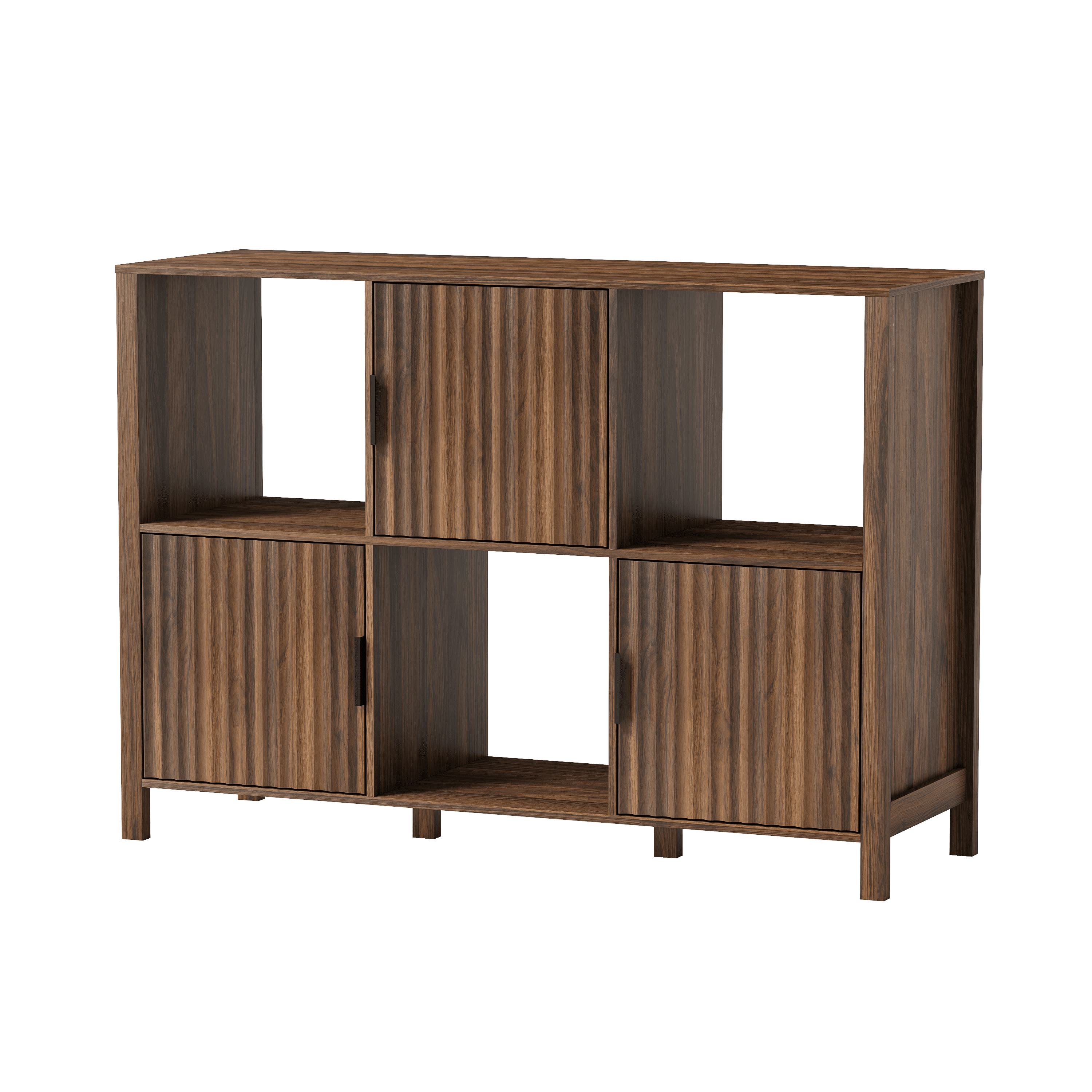 EYYTHUNG Fluted Storage Organizer Bookshelf, Modern Cube Bookcase with 3 Open Shelf and 3 Cabinets with Doors, Brown