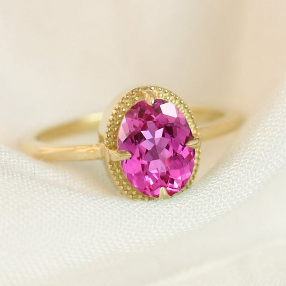 Solitaire Oval Pink Sapphire Band Ring, 925 Starling Silver Ring, Birthstong Ring, Milgrain Ring, Minimalist Jewelry, Gift For Her, Handmade Jewelry