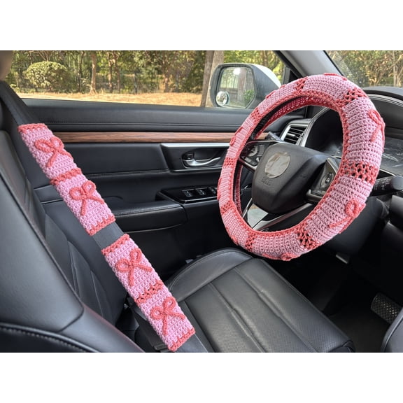 Pink Bow, 14-15 Inch, Breathable, Crochet Steering Wheel Cover& Seatbelt Covers