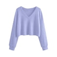 thumbnail image 6 of DISKEBUISS Women's Waffle Knit Cropped Sweater Long Lantern Sleeve V Neck Loose Fit Pullover Tops for Fall Casual, 6 of 8