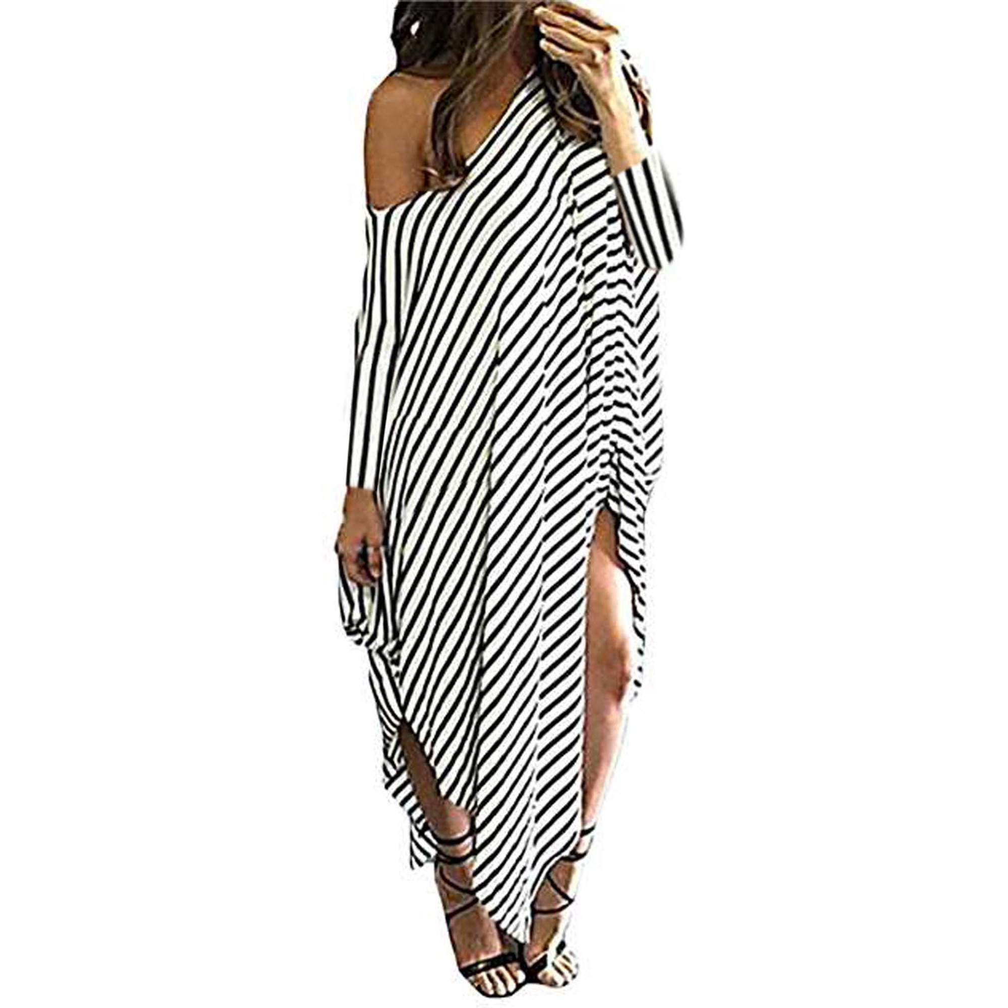 Women Maxi Dress Striped Long Dresses Casual Loose Round Neck Sundress